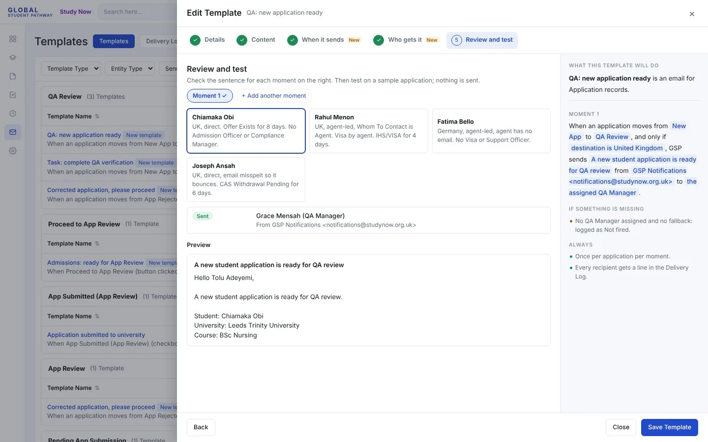 Edit Template, Review and test step, with a plain-language summary of what the template will do