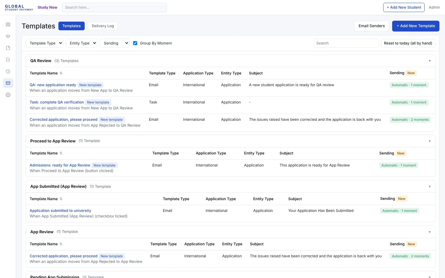 Templates grouped by the pipeline moment that sends them
