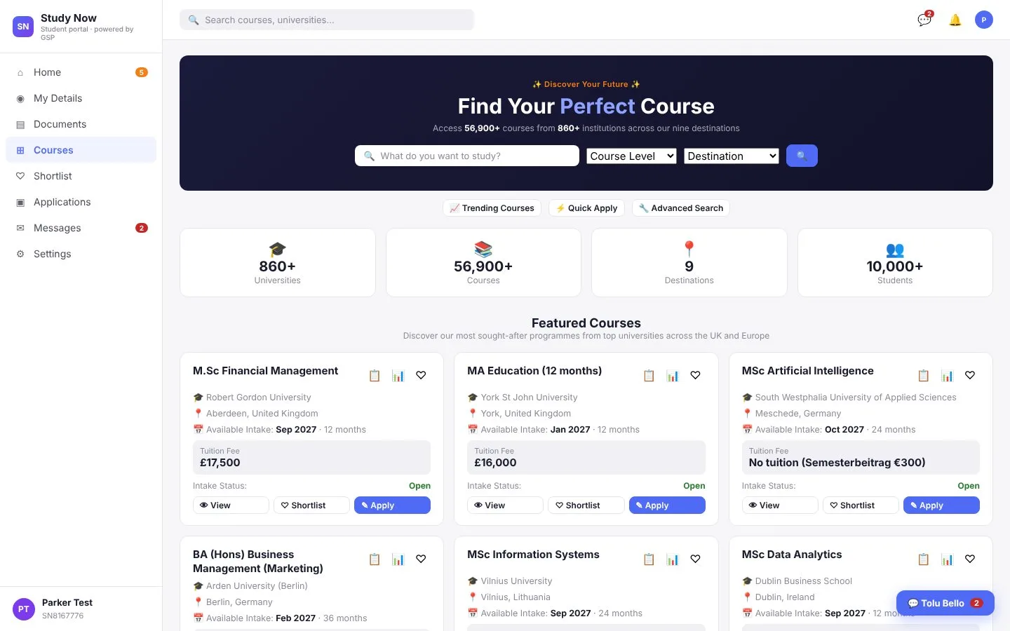 Student portal course finder across nine destinations