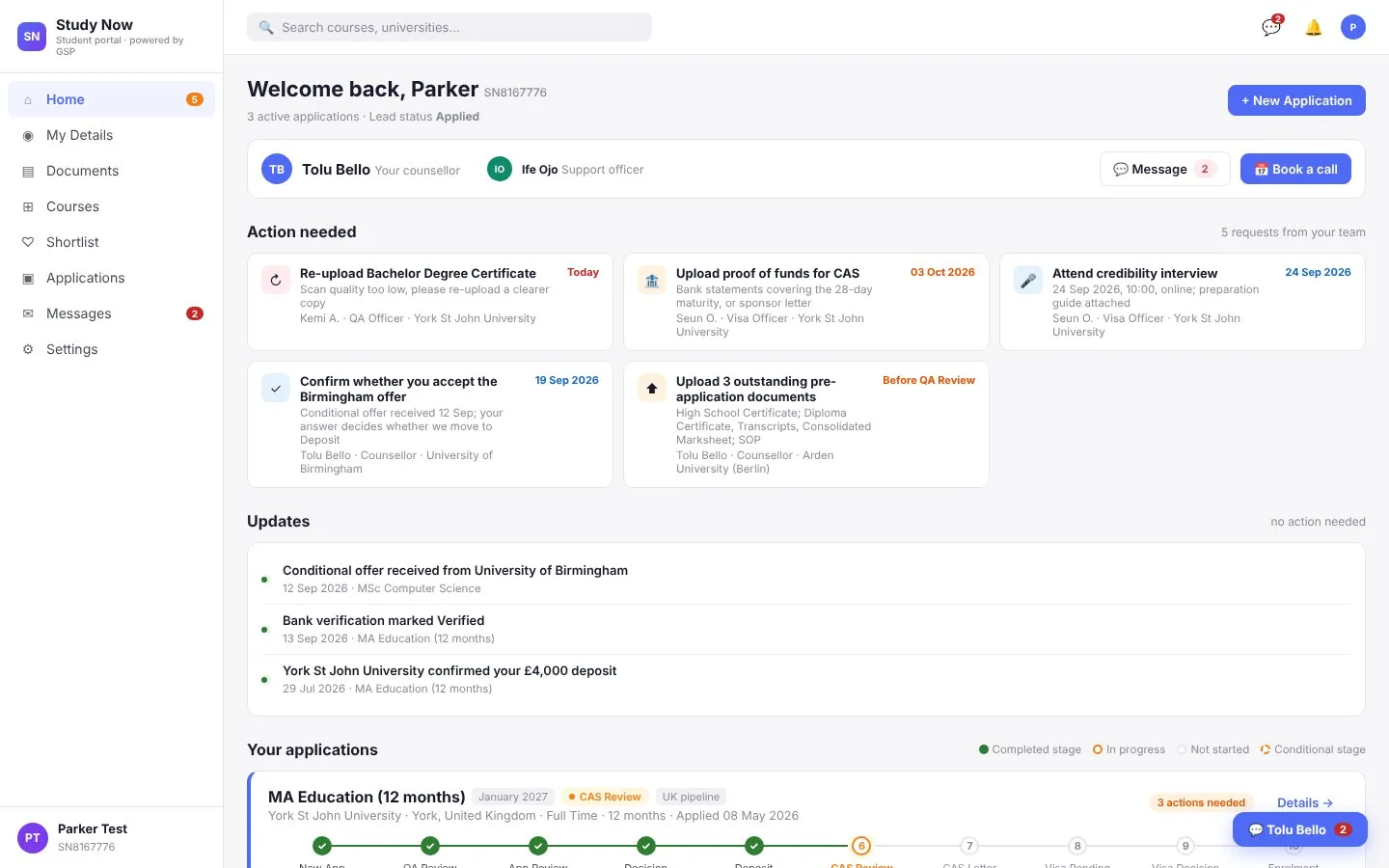 Student portal home with action-needed requests and updates